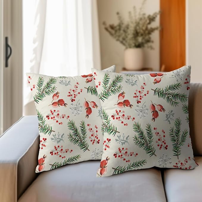 Beige Christmas Pillow Covers 24x24 Set of 2 Green Red Xmas Berries Twigs Rustic Decorative Outdoor Farmhouse Zipper Pillowcases Decorations Winter Holiday Throw Cushion Cover Decor for Couch Sofa Bed
