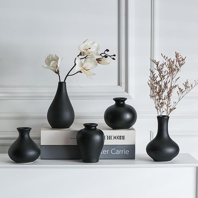Tanvecle Small Black Vases, Ceramic Bud Vase Set of 5, Mini Pottery Vases for Pampas Grass, Flowers, Decorative Vases for Home Modern Decor, Rustic Decor, Veses for Living Room Dining Table Shelves