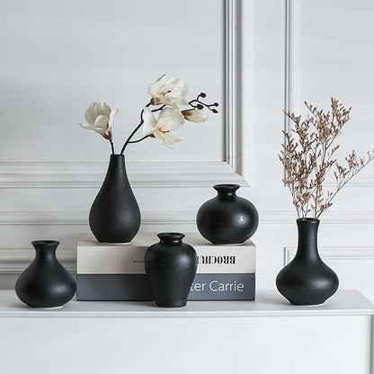 Tanvecle Small Black Vases, Ceramic Bud Vase Set of 5, Mini Pottery Vases for Pampas Grass, Flowers, Decorative Vases for Home Modern Decor, Rustic Decor, Veses for Living Room Dining Table Shelves