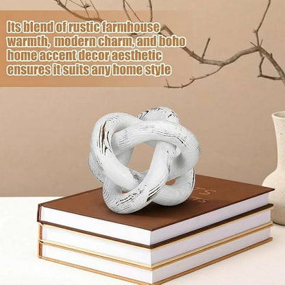 3 Link Wood Knot Decor Rustic Home Décor Accents Hand Carved Coffee Table Decoration, Boho Chain Link Decoration, Modern Shelf, Rustic Objects for Home Living Room Bedroom(Retro White)