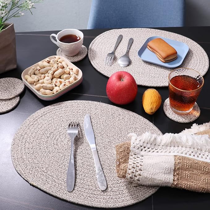 Oval Placemats Set of 4, Woven Placemats Rattan Placemats 12x16 inches Cotton Wicker Placemats Farmhouse Boho Circle Braided Heat Resistant Outdoor Placemats Patio Table Place Mats (Mix Brown)