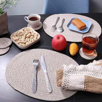 Oval Placemats Set of 4, Woven Placemats Rattan Placemats 12x16 inches Cotton Wicker Placemats Farmhouse Boho Circle Braided Heat Resistant Outdoor Placemats Patio Table Place Mats (Mix Brown)