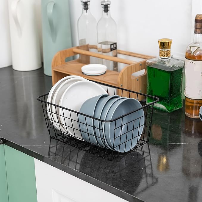 Wire Kitchen Storage Basket 2 Packs,Perfect Pantry Organization Accessories Basket,Laundry,Countertop Organization,Suitable for Kitchen,Bathroom,Bedroom,Tabletop,Stackable,Black