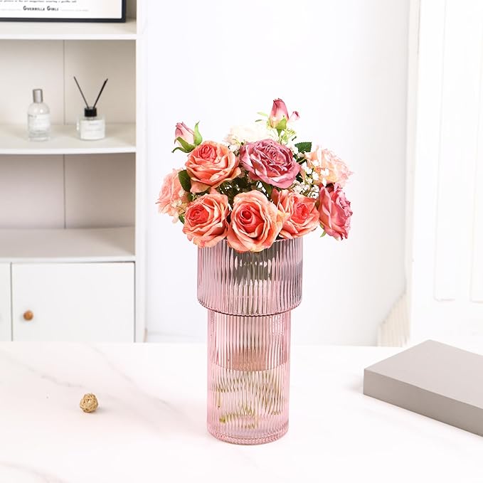 Large Pink Glass Vase, 12 Inches Tall Fluted Vase for Flowers, Modern Torch-Shaped Flower Vase with Ribbed Texture for Living Room, Dining Table, Office, Entryway, Mantle, Shelf, Wedding Gifts