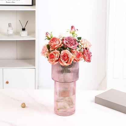 Large Pink Glass Vase, 12 Inches Tall Fluted Vase for Flowers, Modern Torch-Shaped Flower Vase with Ribbed Texture for Living Room, Dining Table, Office, Entryway, Mantle, Shelf, Wedding Gifts