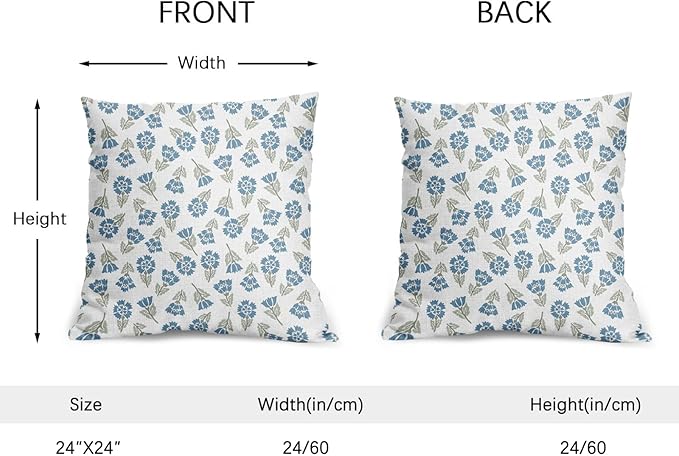 Blue Green Block Print Pillow Covers 24x24 Set of 2 Floral Spring Summer Flower Pattern Decorative Neutral Outdoor Throw Pillowcases Boho Cushion Cover Rustic Decoration Farmhouse Sofa Couch Bed Decor