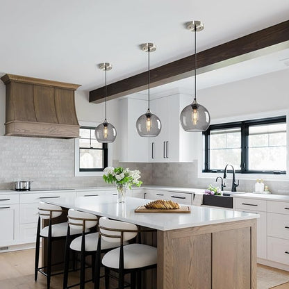 Light Grey Glass Pendant Lights Kitchen Island Lighting Globe Pendant Light Fixtures Modern Pendant Lighting for Bedroom Living Dining Room Light Fixture (7.87 in, 3 Pack)