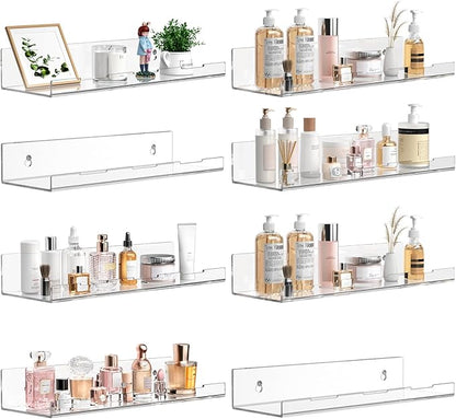 Optish 8 Pack Acrylic Shelves, 12" x 3.7" Clear Shelves for Wall, Nail Polish Rack, Floating Shelves Bathroom, Perfume Hanging Shelf for Figures, Bedroom Decor