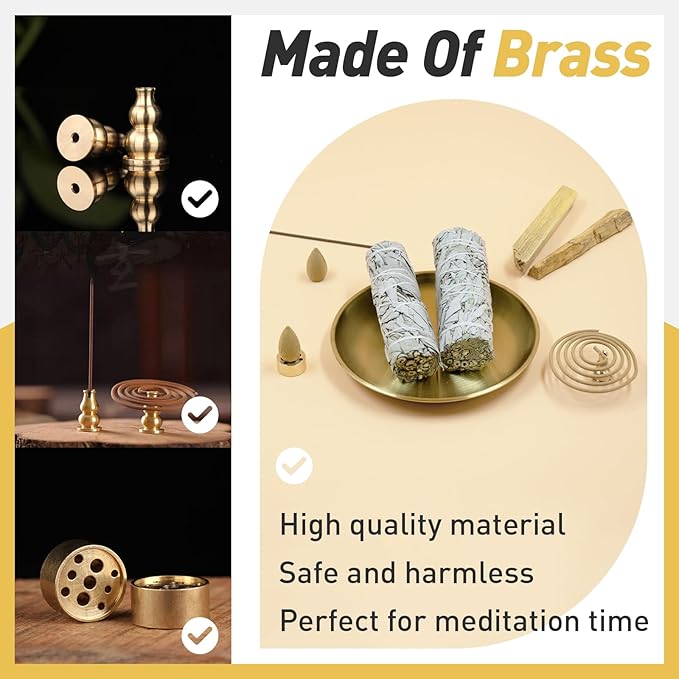 Incense Holder 5.5 inches, 5 in 1 Incense Burner, Palo Santo Holder, Sage Holder, Incense Holder for Sticks/Coil Incense/Incense Cones, Brass Insence Sticks Holder Meditation Accessories for Yoga Room