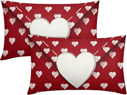 Valentines Day Pillow Covers 12x20 Set of 2 White Red Heart Throw Pillow Covers Love Pillowcase Linen Decoration Farmhouse Holiday Cozy Soft Cushion Case Couch for Indoor Outdoor Home Decor