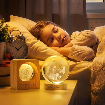 Custom 3D Crystal Photo Night Light Personalized Photo Crystal Ball Engraved Picture Lamp with Wood Base Memorial Gift for Pets Family Couple Birthday Valentine's Day (Style 2)