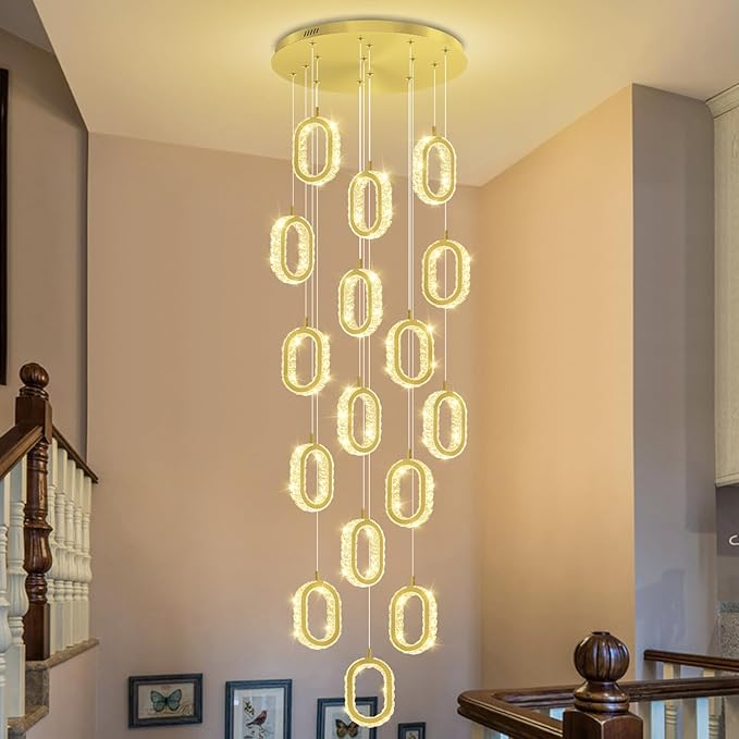 Modern Gold Ring Chandelier for High Ceiling Long Stair Chandeliers for Foyer LED Crystal Ring Drop Chandelier Dimmable 2700K-6000K 16-Light