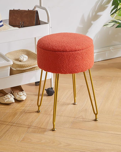 IBUYKE Teddy Velvet Storage Footrest Stool Ottoman, Makeup Vanity Stool Side Table with Removable Cover, Golden Steel Legs, Coffee Table Top Cover, Orange WBD010J