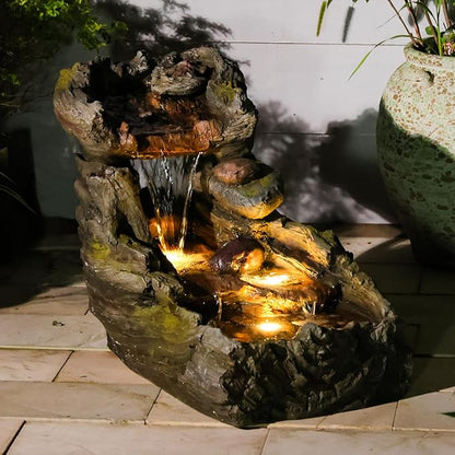 23.62" L Outdoor Water Fountain with 3 Tiers Cascading Realistic Tree Trunk Waterfall Fountains with LED Lights Outdoor Water Fountain for Garden Patio Backyard Porch Home Decor