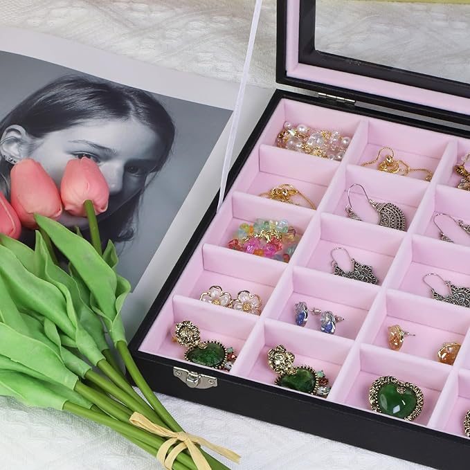 Stratalife Jewelry Organizer Earring Holder Jewelry Tray with Lid Earring Storage Drawer Organizer Earring Ring Storage for Women 30 Grid (Pink Black)