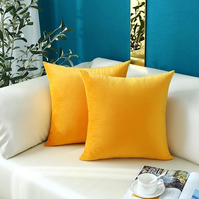 mixeoo Comfy Mustard Yellow Throw Pillow Covers Decorative Square Solid Thick Velvet Super Soft Cushion Cases Home Decor for Sofa Couch Living Room Chair, Set of 2, 18 x 18 Inch