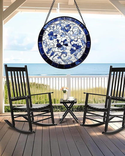 Stained Glass Window Hanging, Blue and White Abstract Flowers Sun Catcher for Door Home Decor Suncatcher Christmas Mother's Day Birthday Gifts for Women Men Mom and Nana 6.3 in