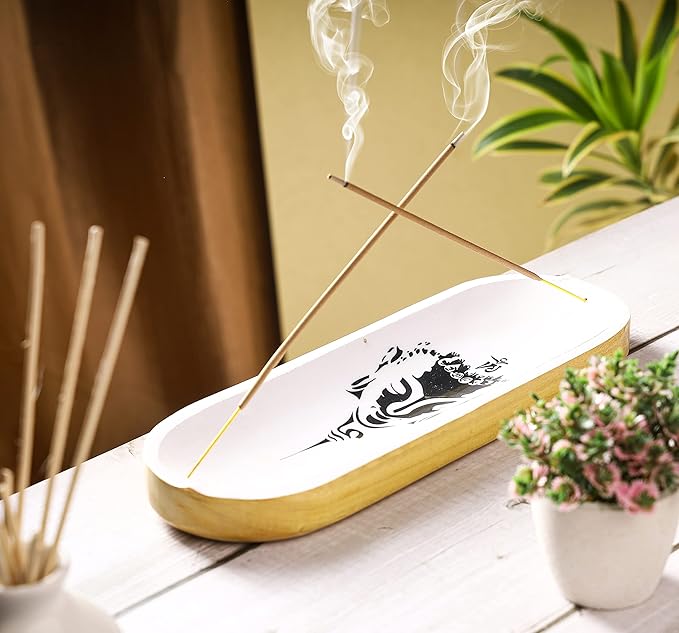 Bless-International Traditional-Handmade-Tray-Burner Wooden-Trat-Incense-Stick-Holder Ash-Catcher-Stand for-Aromatherapy-Meditation-Yoga (Black & White Buddha, 11x4x1.22 Inches)