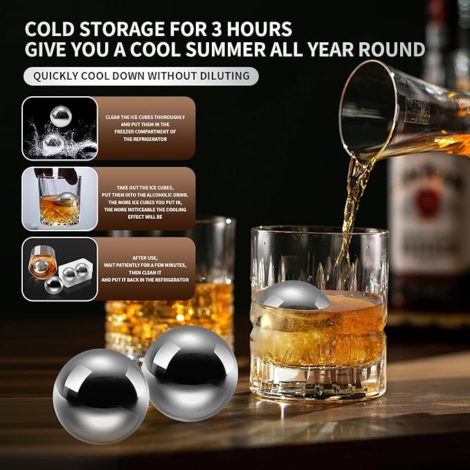 Stainless Steel Whiskey Ice Balls, Whiskey Stones, Set of 2 Reusable Metal Ice Cubes for Chilling Whiskey & Beverages - Gift Set for Men