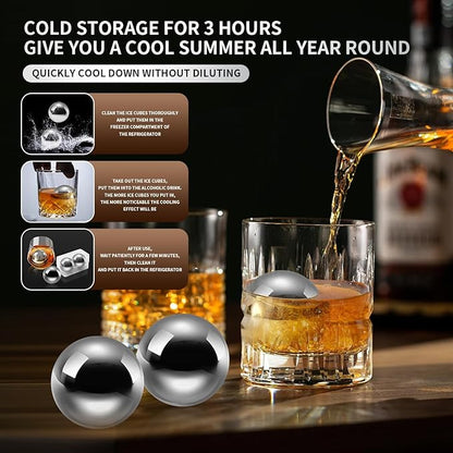Stainless Steel Whiskey Ice Balls, Whiskey Stones, Set of 2 Reusable Metal Ice Cubes for Chilling Whiskey & Beverages - Gift Set for Men
