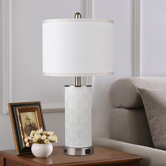 Irregular Ceramic Beautifully Engraved Decorative 25" Table Lamps Set of 2 with Nightlight,E26 Socket&Rotary Switch,USB A+C Ports,Modern Bedside Lamps for Nightstand,Bedroom(Bulbs Included)