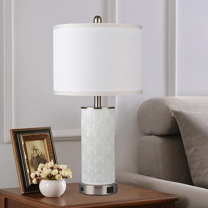 Irregular Ceramic Beautifully Engraved Decorative 25" Table Lamps Set of 2 with Nightlight,E26 Socket&Rotary Switch,USB A+C Ports,Modern Bedside Lamps for Nightstand,Bedroom(Bulbs Included)