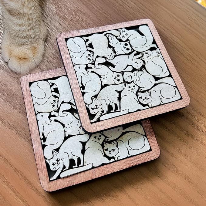Set of 02 Cats Wooden Puzzle Coasters – Cat Lover Gift, Unique Wood Drink Coasters - Cat Puzzle Coasters - Interlocking Jigsaw Drink Mats with Laser-Cut Design