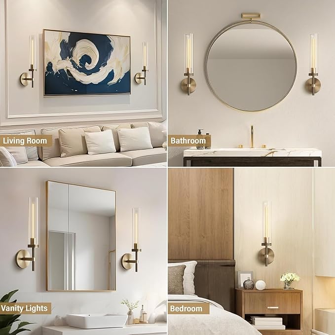 Brass Wall Sconces Set of Two 19.48'' Knurled Texture Wall Light Fixtures, Bathroom Vanity Light Fixtures with Clear Glass, Modern Wall Lamp for Bathroom Living Room Hallway (Bulb Included)
