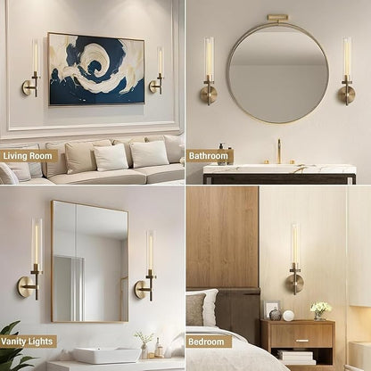 Brass Wall Sconces Set of Two 19.48'' Knurled Texture Wall Light Fixtures, Bathroom Vanity Light Fixtures with Clear Glass, Modern Wall Lamp for Bathroom Living Room Hallway (Bulb Included)