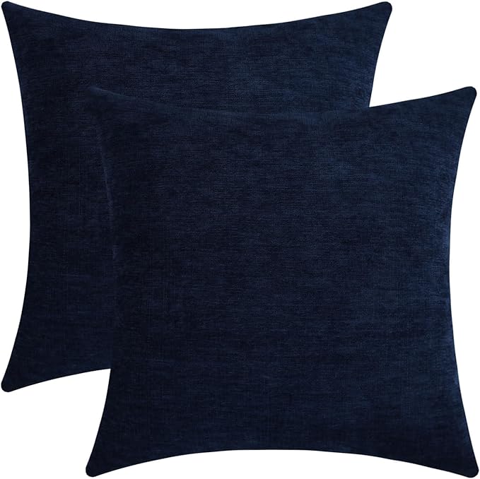 Dark Blue Chenille Decorative Couch Throw Pillow Covers, Soft Cushion Cases for Home Livingroom Sofa Décor, Pack of 2, 14 x 14 Inches