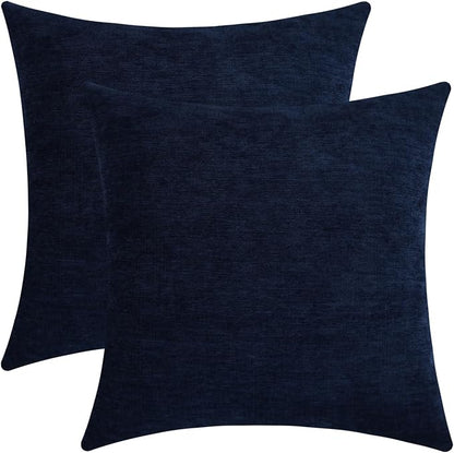 Dark Blue Chenille Decorative Couch Throw Pillow Covers, Soft Cushion Cases for Home Livingroom Sofa Décor, Pack of 2, 14 x 14 Inches