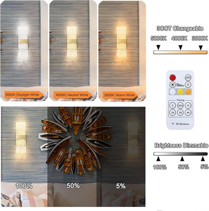 Modern Brushed Gold Battery Operated Wall Sconces Set of 2 - Rechargeable Brass LED Wall Lights with Acrylic Shade, Wireless Bedroom/Living Room Art Light Fixtures