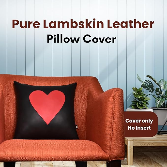 LL LEATHER LOVERS Genuine Lambskin Leather Pillow Cover, 22x22 Inch Case for Lumbar Throw Couch Pillows, Thick & Soft Cushion Covers for Sofa Bed Home Décor (Red Heart & Black Plain Pack of 2)