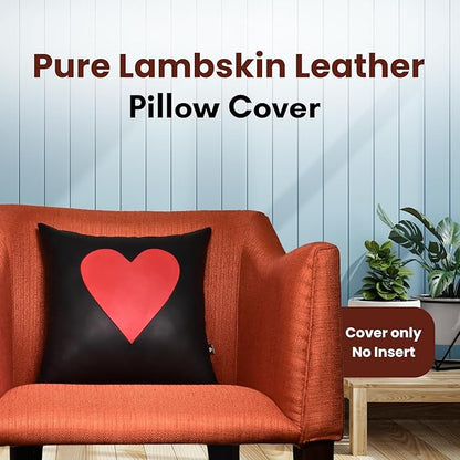 LL LEATHER LOVERS Genuine Lambskin Leather Pillow Cover, 18x18 Inch Case for Lumbar Throw Couch Pillows, Thick & Soft Cushion Covers for Sofa Bed Home Décor (Red Heart & Black Plain Pack of 2)