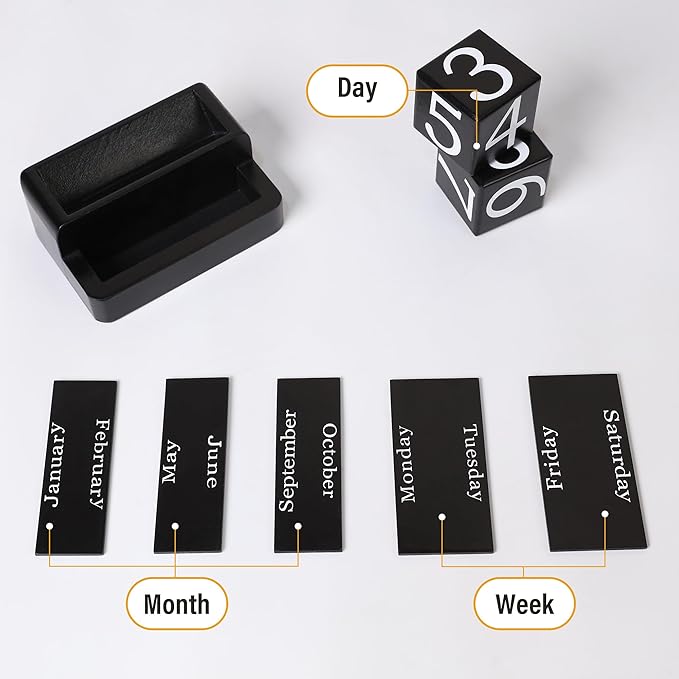 Wooden Block Calendar for Desk, Daily Desktop Perpetual Desk Calendar, Modern Farmhouse Aesthetic Desk Accessories for Home Office Decor, Teacher, Classroom, Reusable Yearly, Black