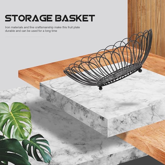 Angoily Fruit Basket, 11.59 Inches Wire Bread Basket for Kitchen Counter, Black Round Fruit Bowl for Lemon, Banana, Candy, Snack in Office