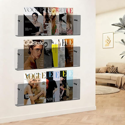 2 Pack Acrylic Magazine Holder, Wall Mounted Magazine Rack Floating Bookshelf for Waiting Room, Living Room, Office, Home (Black, 24 Inch)