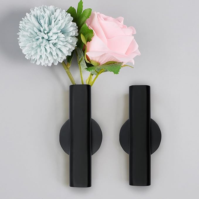 7" Wall-Mounted Flower Tube, Top/Bottom Open Vase, Wall Metal Flower Tube Decoration Holder for Flower Display, Home Office Living Room Bedroom Decoration with Adhesive Material, 2pcs(Black)