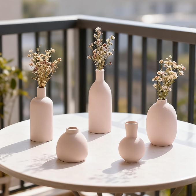White Ceramic Flower Vase Set of 5, Modern Farmhouse Decorative Vases for Bookshelf, Dining Room Coffee Console Table Centerpieces