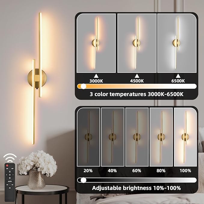 Battery Operated Wall Sconce Set of 2,Gold 31.4" 3000K-6500K LED Dimmable Wall Sconces with Remote Control,Wireless Wall Light USB Rechargeable for Bedroom Hallway Living Room Background Wall Lighting