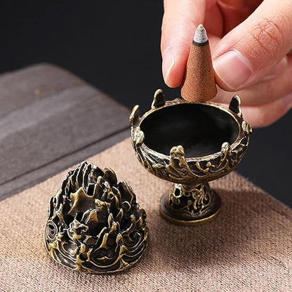 3 PCS Mini Brass Lotus Incense Holder, Small Flower Vintage Cone Incense Burner with Lid - Elegant Desktop Ash Catcher for Home, Office, Yoga, Meditation, Spa, Teahouse Decor (Bronze, 2.7×3cm)