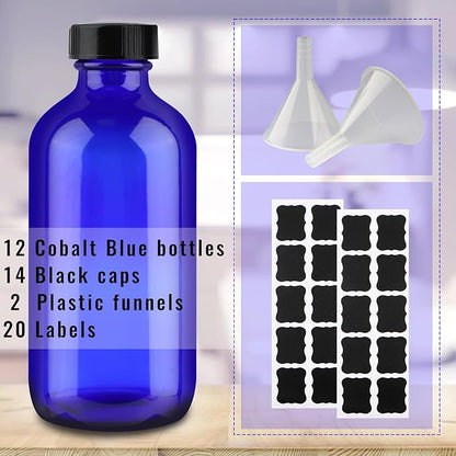 12 Pack 8 oz Cobalt Blue Glass Bottles, 240ml Boston Round Sample Bottles with Black Poly Cone Caps, Labels and Funnels