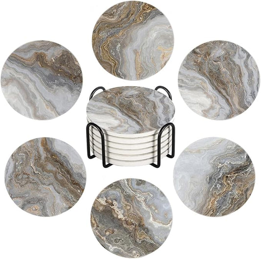 6Pcs Drink Coasters with Holder, Gray and Beige Marble Pattern Absorbent Ceramic Drink Coaster with Cork Base, Home Bar Table & Office Decor House Warming Gift