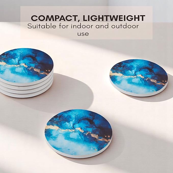 Absorbent Coaster Set of 6 with Holder, Drink Coasters for Coffee Table, Kitchen, Home Decor, Cute Ceramic Round Coasters, Alternative to Silicone, Cork or Glass Coaster (Sapphire)