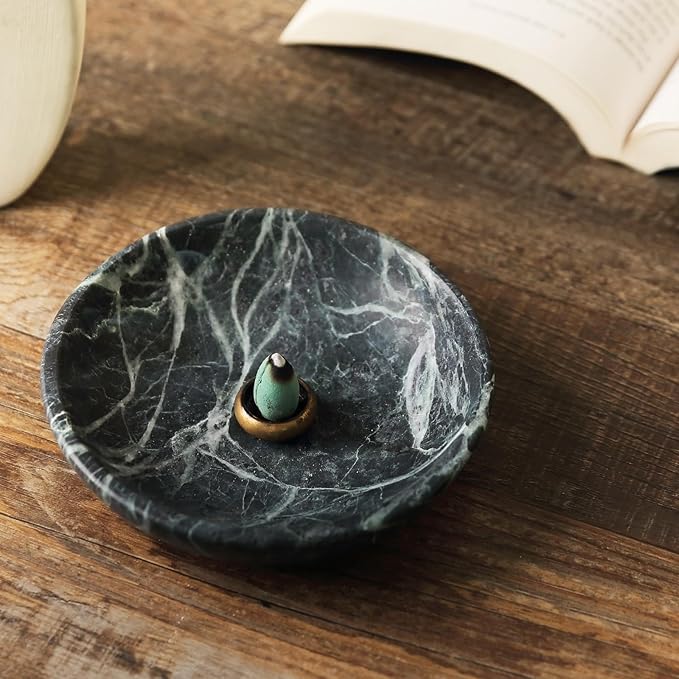Koville Natural Marble Incense Holder, Incense Holder for Sticks with 9 Holes, Handmade Incense Burner Ash Catcher for Meditation Yoga SPA, Balsam Fir/Palo Santo/Sage/Cone (Green)