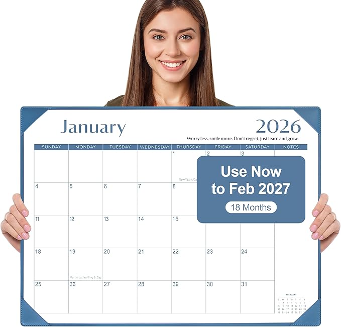 Gannyfer Desk Calendar 2026 with Desktop Mat, Simplified Large 22" x 17" Desktop Pad Calendar, 18 Month Desk Calendar 2026-2027, Use Now to Feb 2027, Office Supplies Perfect for Home School and Office - Blue