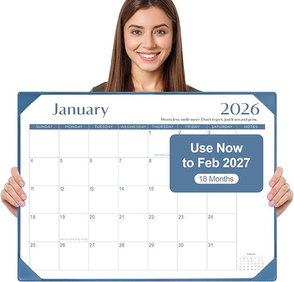 Gannyfer Desk Calendar 2026 with Desktop Mat, Simplified Large 22" x 17" Desktop Pad Calendar, 18 Month Desk Calendar 2026-2027, Use Now to Feb 2027, Office Supplies Perfect for Home School and Office - Blue