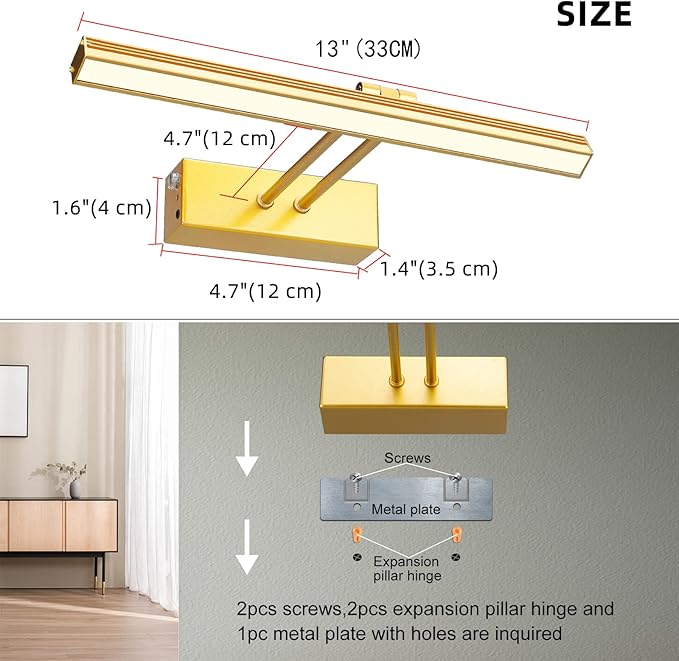 FUNCHDAY Picture Light,Battery Art Lights for Wall,Wireless Remote Painting Light with Timer and Dimmable,13”Metal Display Lighting for Artwork,Portrait,Gallery(Gold)