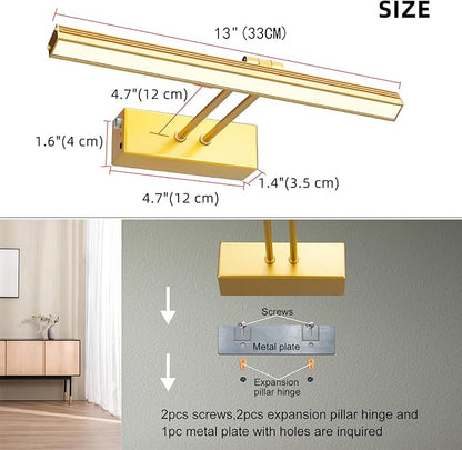 FUNCHDAY Picture Light,Battery Art Lights for Wall,Wireless Remote Painting Light with Timer and Dimmable,13”Metal Display Lighting for Artwork,Portrait,Gallery(Gold)