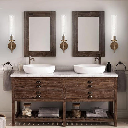 Bronze Wall Sconces Set of Two with White Lights, 19.48'' Brushed Brass Knurled Bathroom Sconces Wall Lighting Vanity Light with Clear Glass for Living Room Mirror Bedroom Stairs